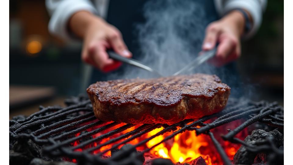 Koch bereitet Gourmet-Steak auf einem Grill zu