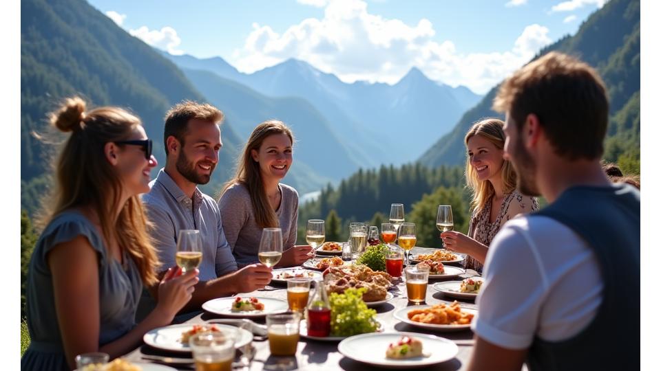 Gäste geniessen Alpen Glut Catering im Alpenpanorama