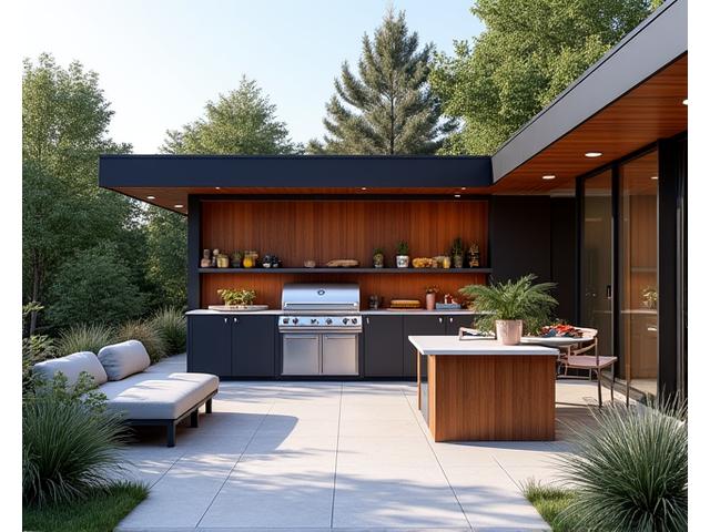 Modernes Outdoor-Küchendesign mit eingebautem Grill und Sitzgelegenheiten