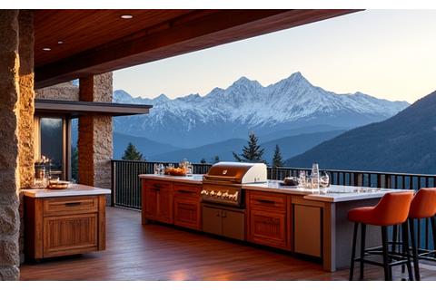 Luxuriöse Aussenküche mit Bergblick und Bar