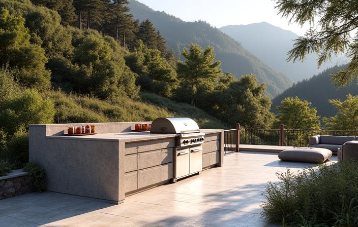 Modern designte Aussenküche mit Grill und Sitzbereich