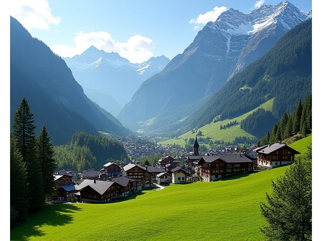 Blick auf das malerische Dorf Grindelwald, eingebettet in eine atemberaubende Alpenlandschaft, das Haupthaus von Alpen Glut andeutend.
