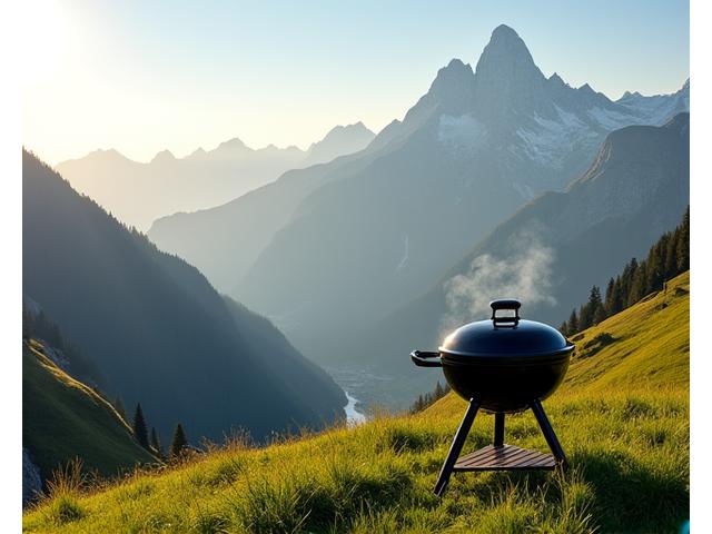 Majestätisches Alpenpanorama mit einem modernen Grill im Vordergrund, symbolisierend Alpen Glut's Verbindung zur Natur und Grillkunst.