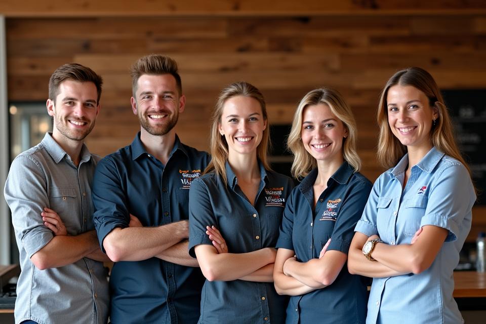 Ein freundliches und authentisches Teamfoto der Alpen Glut Mitarbeiter, lachend vor einer rustikalen Holzwand mit Grillwerkzeugen.